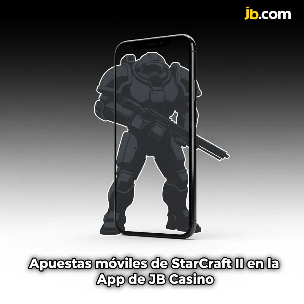 Pantalla de móvil con la app JB Casino para apostar en StarCraft II, con alertas y mercados en vivo.