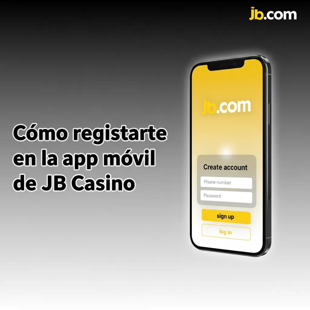 Pantalla de la app JB Casino con guía de registro: datos personales, contraseña, código promo y verificación SMS o correo