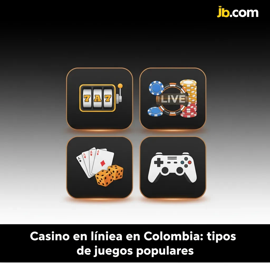 Banner de casino en línea en Colombia con iconos de tragamonedas, ruleta, blackjack, baccarat, póker, bingo, keno y jackpots