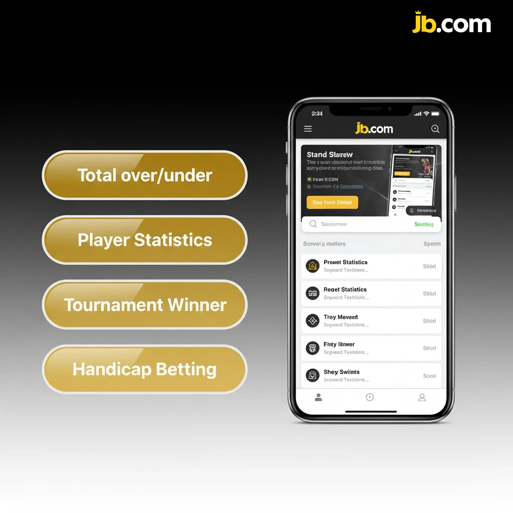 Pantalla de la app JB Casino mostrando tipos de apuesta: simple, combinada, sistema, en vivo, hándicap y totales.